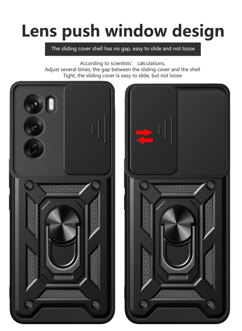 OPPO Reno12 5G Case Cover, Slide Camera Lens Cover + 360°Rotating Kickstand Ring + Support Magnetic Car Mount Shockproof Mobile Phone Case For OPPO Reno12 5G, Black - Image 2