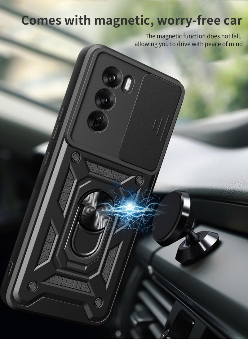 OPPO Reno12 5G Case Cover, Slide Camera Lens Cover + 360°Rotating Kickstand Ring + Support Magnetic Car Mount Shockproof Mobile Phone Case For OPPO Reno12 5G, Black - Image 5