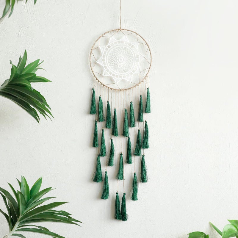 Artilady Macrame Dream Catchers for Bedroom  Tassel Wall Hanging Handmade Dreamcatchers Home Decor with Tassel Feather Ornament Craft Blessing Gift Dark Green