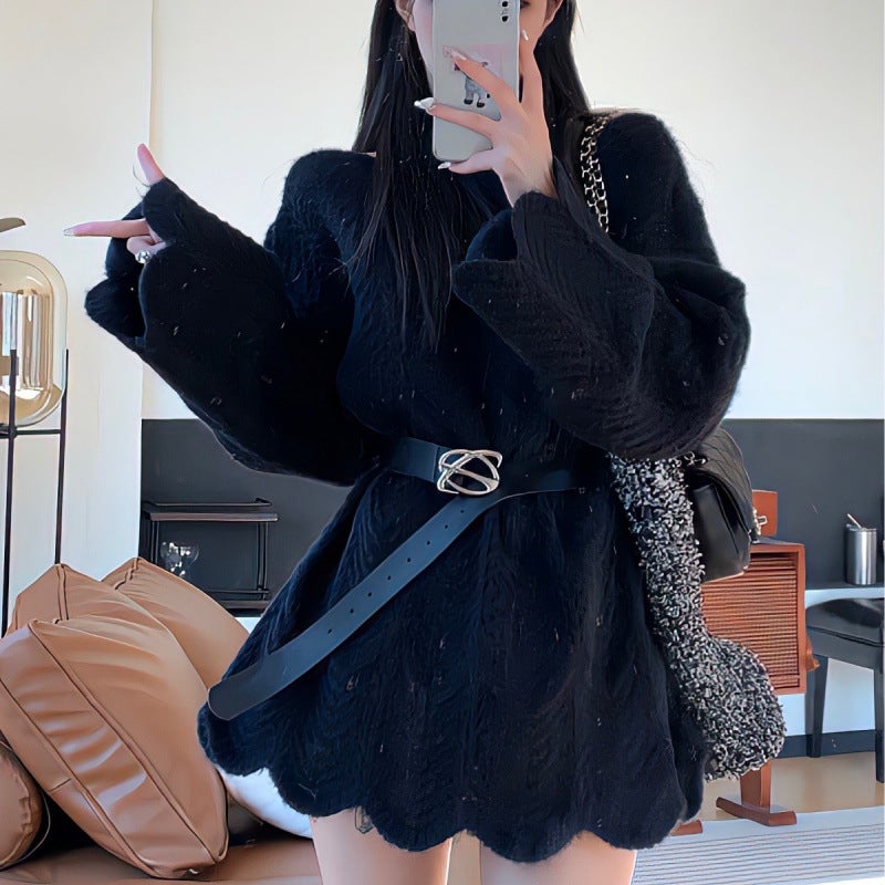 Korean Style Irregular Lace Hollow Knitted Top Womens Autumn Gentle Style Casual Sweet Shoulder Loose Pullover Sweater Classic black [send belt]]