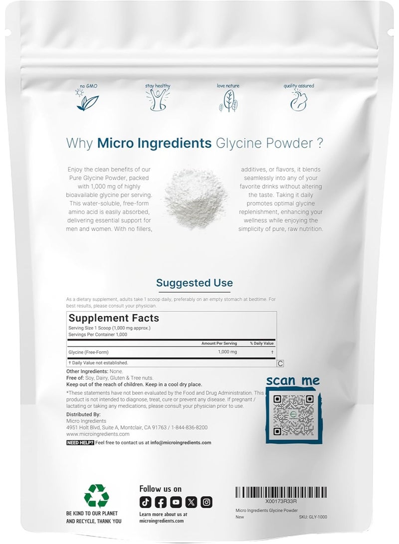 Micro Ingredients مسحوق الجلايسين، 1 كجم (2.2 رطل)، جلايسين 1000 ملغ لكل حصة، يدعم النوم المريح والناقلات العصبية، قابل للذوبان في الماء ومنتجات أمريكية - Image 2