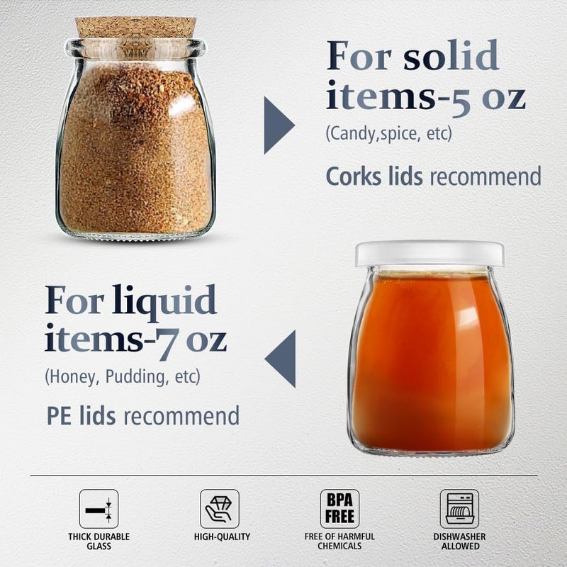 Folinstall 7oz Small Glass Jars with Cork Lids, 20 Pack Yogurt Container with PE Lids for Candy, Cake, Pudding, Yogurt, Jam, Empty Candle Jars for Candle Making, Extra Tags and String - Image 3