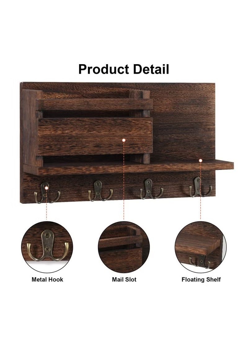 Beauenty Floating Shelves,Key and Mail Holder for Wall Decorative,Rustic Mail Organizer Wall Mount, Wooden Letter Sorter Organizer with 4 Key Rack Hooks for Hallway Kitchen Farmhouse Decor - Image 2