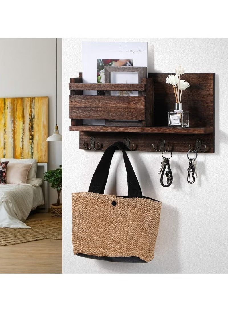 Beauenty Floating Shelves,Key and Mail Holder for Wall Decorative,Rustic Mail Organizer Wall Mount, Wooden Letter Sorter Organizer with 4 Key Rack Hooks for Hallway Kitchen Farmhouse Decor - Image 3