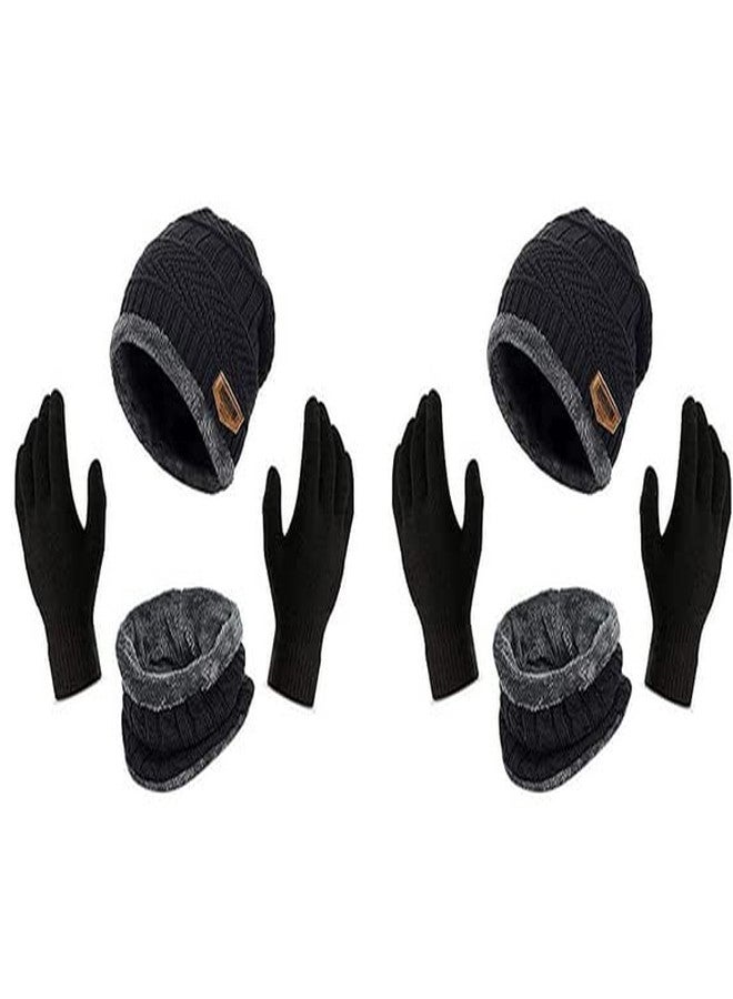 SILENT MONK COUPLE SPECIAL Winter wear Pack of 3 woolen items Beanie Cap+ Muffler Scarf+ Set of Hand Glows for Men/Women and Freesize (Any size can fit) Made in India (2 Set= 3 * 2=6 items total) (Black, 2) - Image 1