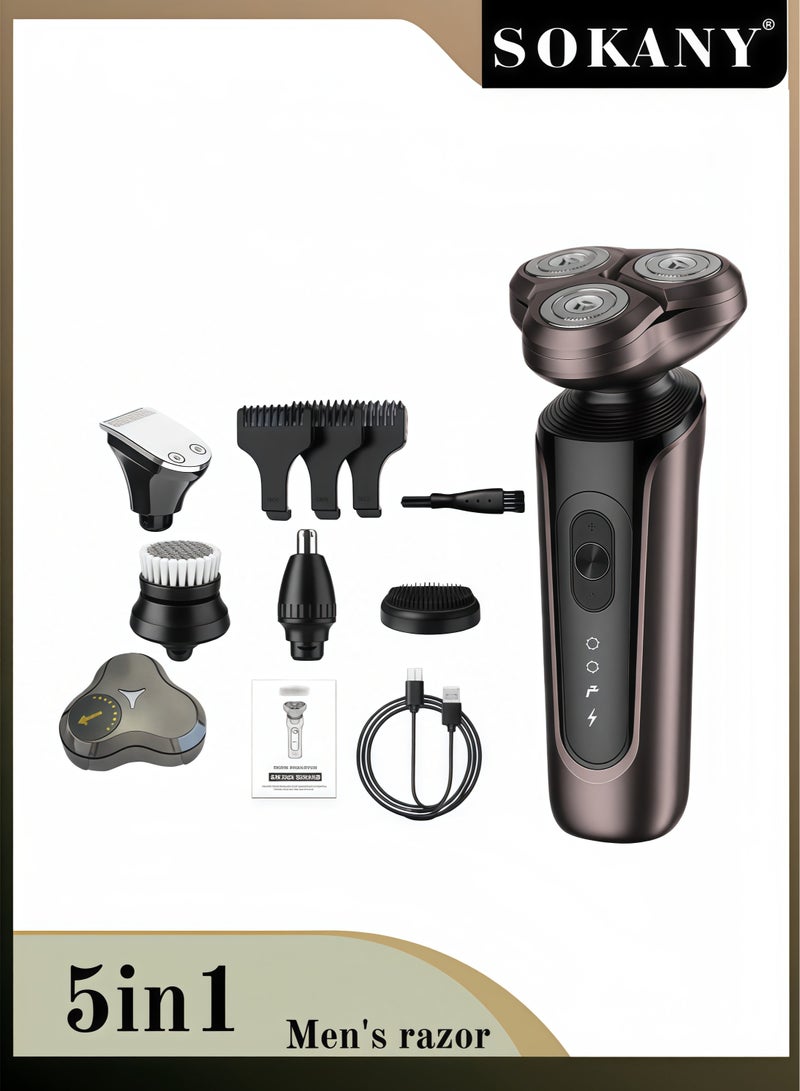 سوكاني ماكينة حلاقة كهربائية للرجال متعددة الوظائف ٥ في ١، دوارة، بثلاث شفرات، قابلة لإعادة الشحن، مقاومة للماء IPX7، للاستخدام الجاف والرطب، مع تقليم للشارب واللحية، بشحن USB - Image 1