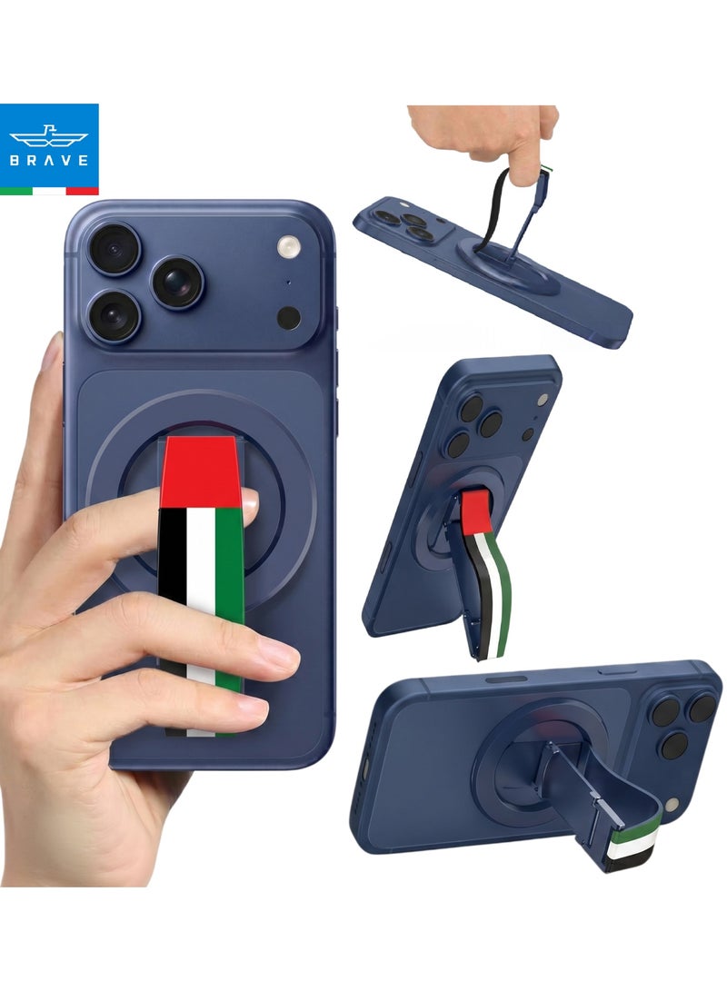 Brave MagGrip 3-in-1 Magnetic Phone Grip & Kickstand UAE National Flag Edition, N55 Strong Magnetic Ring Holder with 360° Rotating Finger Strap, MagSafe Compatible Phone Stand with Removable Magnetic Base, Foldable Universal Phone Grip Holder for iPhone 17 Pro Max / 17 / 16 / 15 / 14 / 13 / 12 Series, Samsung Galaxy S26 / S25 Ultra / S25 / S24 / S23 / S22 Series, Compatible with iOS & Android Devices, Blue - Image 1