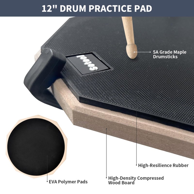 Seteol Drum Practice Pad Set, 12 Inch Double Sided Silent Drum Pad with Storage Bag + Adjustable Snare Drum Stand with Carry Bag + 2 Pair Drum Sticks with Drumstick Holder, Fits 10"-14" Drums (Black) - Image 4