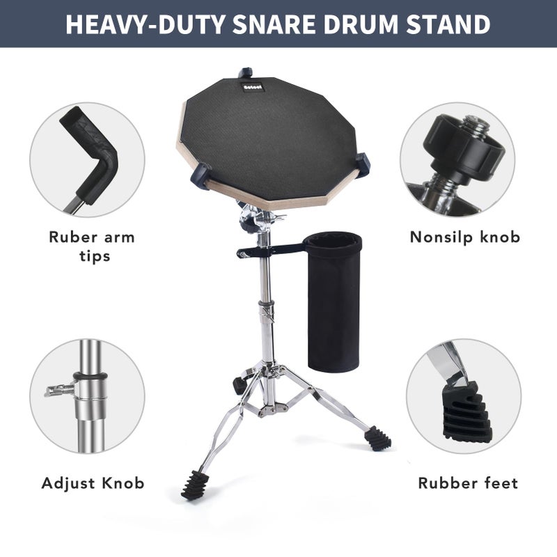 Seteol Drum Practice Pad Set, 12 Inch Double Sided Silent Drum Pad with Storage Bag + Adjustable Snare Drum Stand with Carry Bag + 2 Pair Drum Sticks with Drumstick Holder, Fits 10"-14" Drums (Black) - Image 5