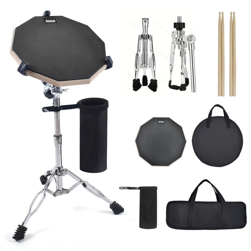 Seteol Drum Practice Pad Set, 12 Inch Double Sided Silent Drum Pad with Storage Bag + Adjustable Snare Drum Stand with Carry Bag + 2 Pair Drum Sticks with Drumstick Holder, Fits 10"-14" Drums (Black) - Image 1