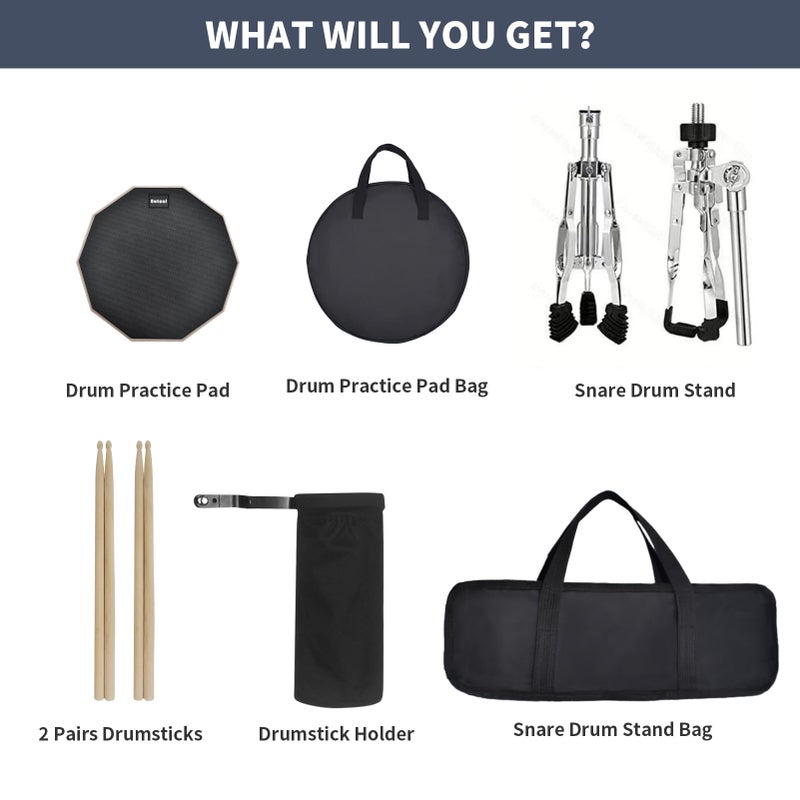 Seteol Drum Practice Pad Set, 12 Inch Double Sided Silent Drum Pad with Storage Bag + Adjustable Snare Drum Stand with Carry Bag + 2 Pair Drum Sticks with Drumstick Holder, Fits 10"-14" Drums (Black) - Image 2