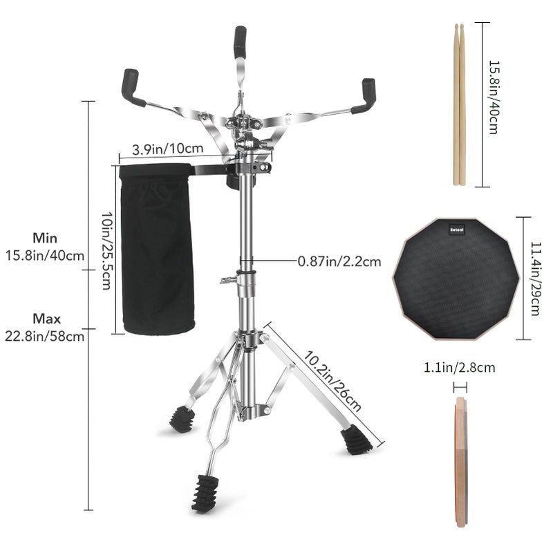 Seteol Drum Practice Pad Set, 12 Inch Double Sided Silent Drum Pad with Storage Bag + Adjustable Snare Drum Stand with Carry Bag + 2 Pair Drum Sticks with Drumstick Holder, Fits 10"-14" Drums (Black) - Image 3