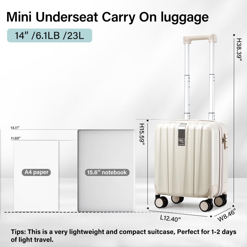 Hanke 14 Inch Underseat Carry On Luggage with Wheels, Lightweight, Waterproof, TSA-Approved, Suitcase, Ivory White - Image 3