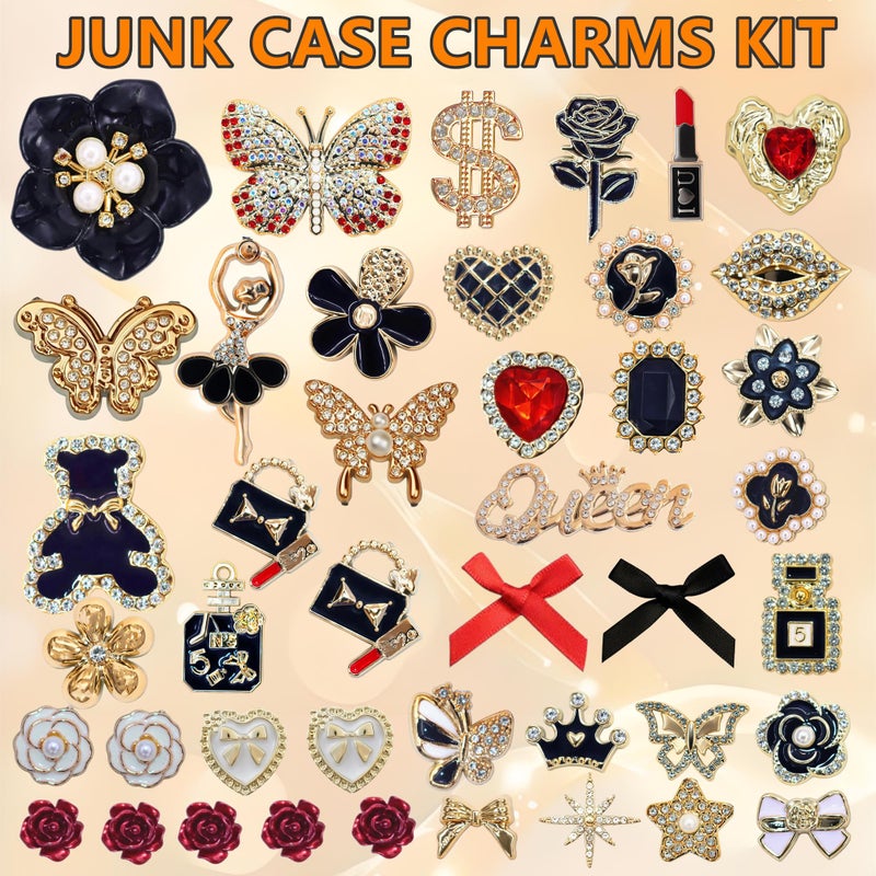RoedCuoo Junk Case Charms,Red & Black Bow Flower Charm for Phone Cases,3D Gold Butterfly Rhinestone Junk Case Kit, Elegant Heart Rose Bear Big Charms,Bling Flat Back Junk Charm Kit for Junk Socks, Shoes, Phone Cases, Bracelets & Customizing DIY Craft Accessories - Image 2