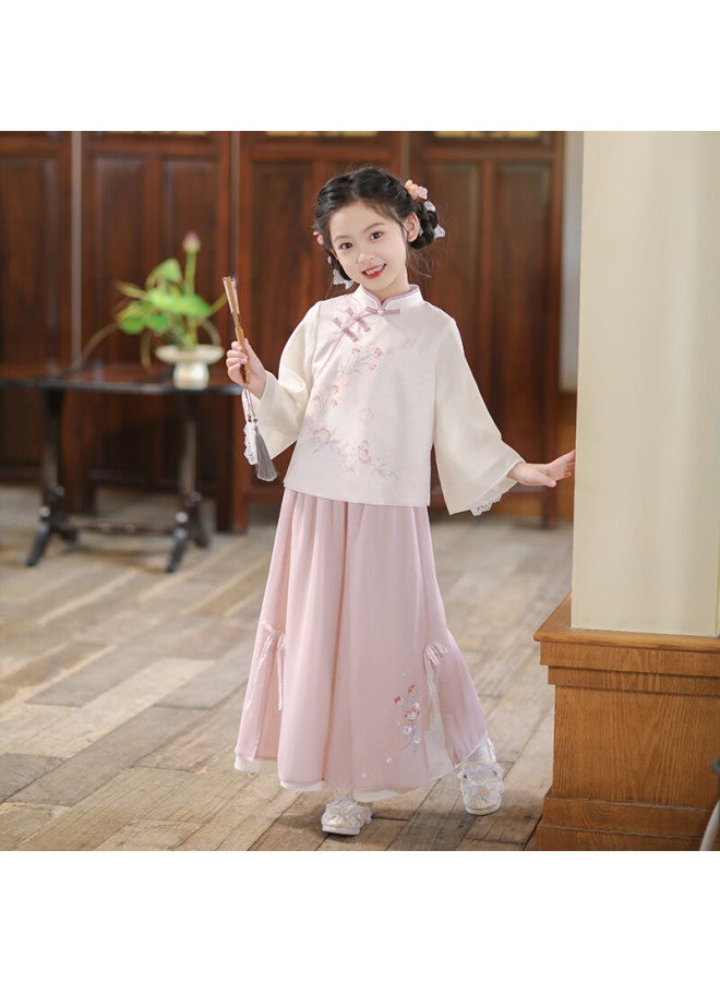 Flag Platinum Qibao Hanfu Girls Spring And Autumn New Chinese Style Tang Suit Children's Ancient Style Super Fairy Long Sleeve Suit Drama Huayu Pink 160 - Image 3