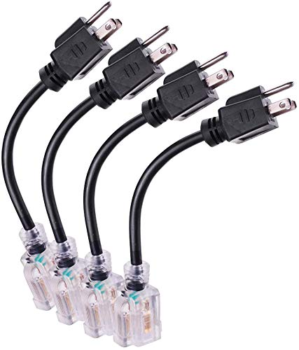 Miady Short Power Extension Cord Outlet Saver, Female Plug with Lighted End 16AWG/13A, 3 Prong (4 Pack, Black, 8 Inch) - Image 2