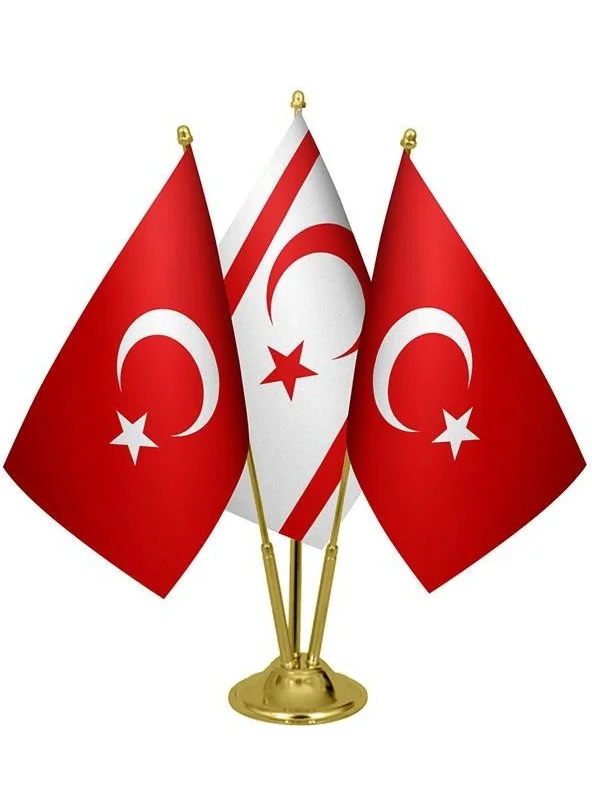 ساترنديزاين Desktop TRNC Flag Turkish Flag Triple Brass Pole Table Flag Set