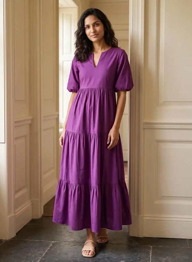 Purple Cotton Puff Sleeve Tiered Maxi Dress