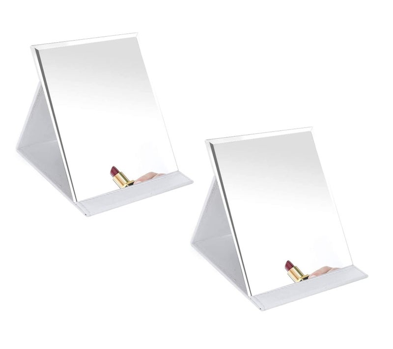 VELINEX® Foldable Makeup Mirror, Compact Size Frameless Portable Vanity Leather Mirror with Stand (White-Pack of 2) - Image 1
