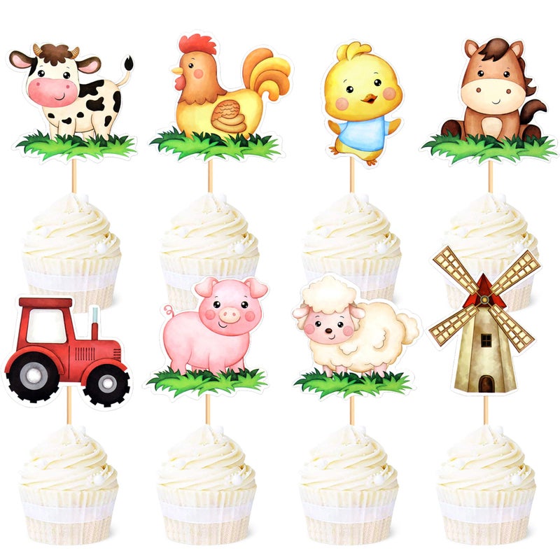 Ercadio 32 Pack Farm Animal Cupcake Toppers Cow Sheep Horse Cupcake Picks Farm Animal Cupcake Picks for Animal Theme Baby Shower Barnyard Birthday Party Cake Decoration Supplies - Image 1