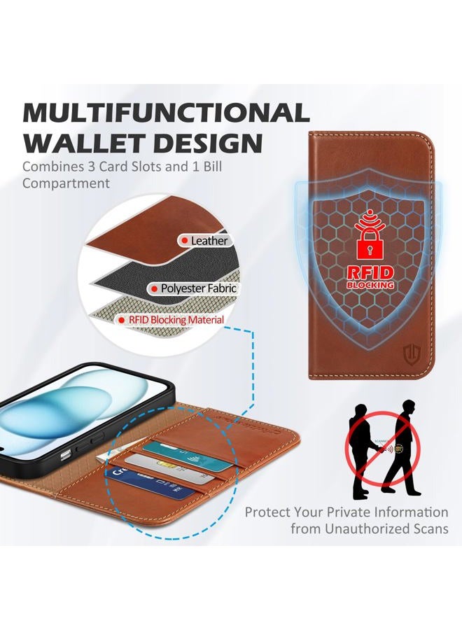 Shieldon Case for iPhone 15 Plus 5G, Genuine Leather Case Cover TPU Optimal Protection [RFID Blocking] Folio Function Shockproof Support Compatible with iPhone 15 Plus (6.7 inch 2023) - Retro Brown - Image 3