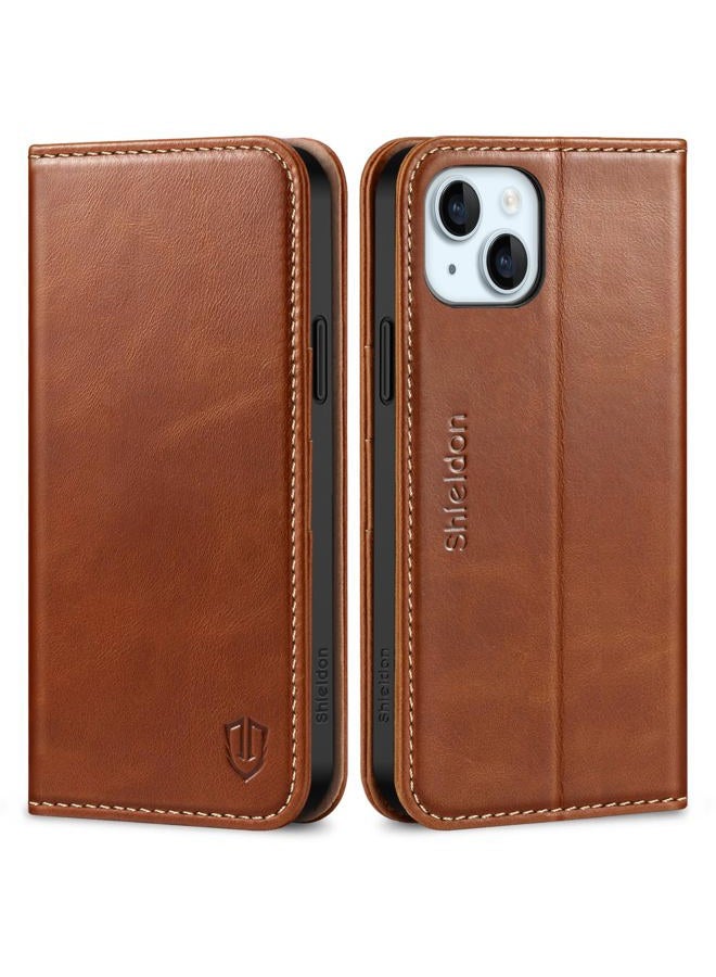 Shieldon Case for iPhone 15 Plus 5G, Genuine Leather Case Cover TPU Optimal Protection [RFID Blocking] Folio Function Shockproof Support Compatible with iPhone 15 Plus (6.7 inch 2023) - Retro Brown - Image 1
