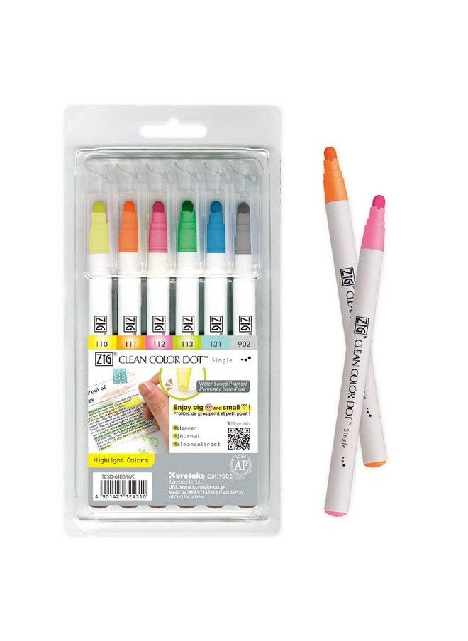 Kuretake - Zig Clean Color Dot Single Hightlight 6 Colors Set Apcertified Ideal For Marking In Planners Or Journals Photosafe Acid Free Lightfast Odourless Xylene Free Made In Japan - Image 1
