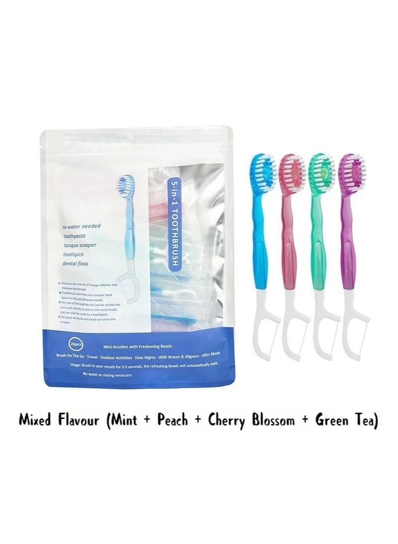 "عبوة 26 قطعة - فرشاة أسنان متنوعة النكهات للاستخدام لمرة واحدة - 5 في 1 - مع خيط تنظيف الأسنان ومكشطة اللسان - تشمل معجون أسنان وخيط تنظيف الأسنان وفرشاة ما بين الأسنان - مثالية للسفر والعناية بالفم" - Image 3