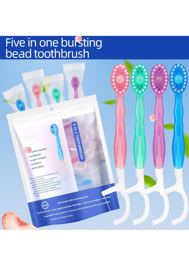 "عبوة 26 قطعة - فرشاة أسنان متنوعة النكهات للاستخدام لمرة واحدة - 5 في 1 - مع خيط تنظيف الأسنان ومكشطة اللسان - تشمل معجون أسنان وخيط تنظيف الأسنان وفرشاة ما بين الأسنان - مثالية للسفر والعناية بالفم" - Image 1