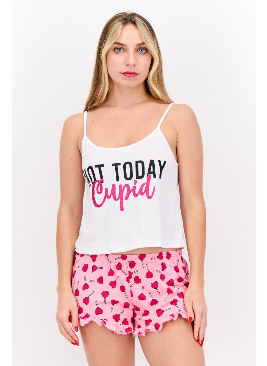French Affair Women 2 Piece Graphic Print Top And Bottom Pajama, White Combo  - Image 1