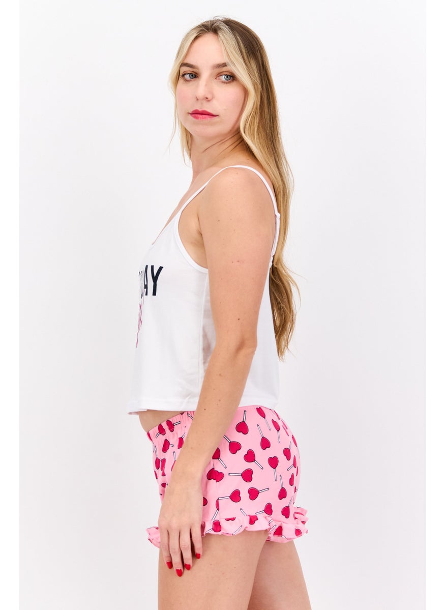 French Affair Women 2 Piece Graphic Print Top And Bottom Pajama, White Combo  - Image 3