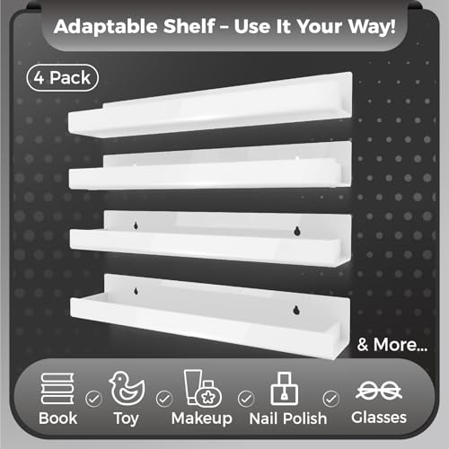 RORKIM 4 Pack 15 Inch Whtie Acrylic Shelves Kids Floating Bookshelf for Kids Room Modern Nail Polish Rack Sunglasses Essential Oil Picture Ledge Display Toy Storage Wall Shelf - Image 3