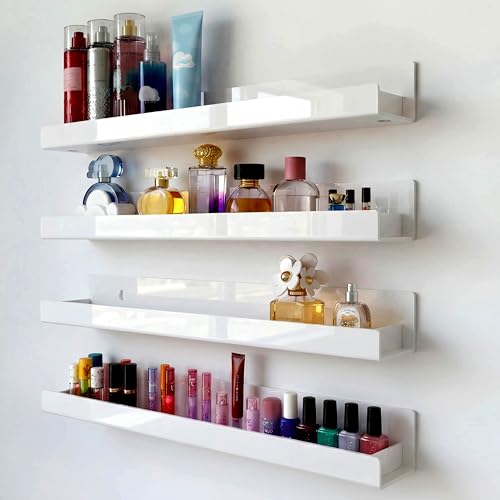 RORKIM 4 Pack 15 Inch Whtie Acrylic Shelves Kids Floating Bookshelf for Kids Room Modern Nail Polish Rack Sunglasses Essential Oil Picture Ledge Display Toy Storage Wall Shelf - Image 1