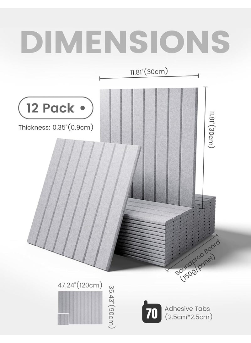 YelaJoy 12 Pack Large Felt Bulletin Board, 30x30CM, Self-Adhesive Grooved, Vertical Strip Polyester Fiber Soundproof , Office Cinema Music Room Wall Decor, Felt Wall Backdrop (Soft Gray) - Image 2