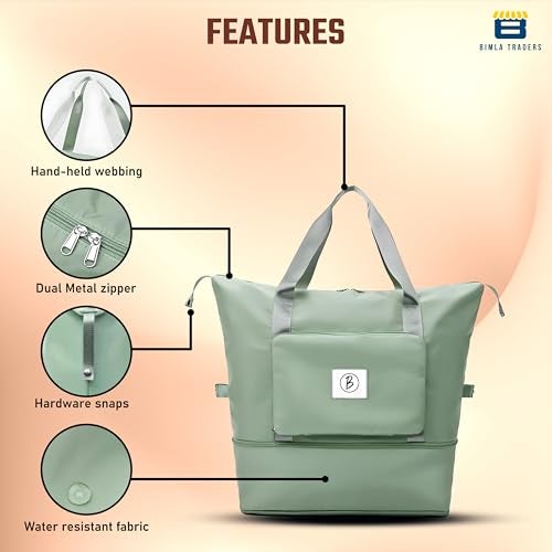 Btag Waterproof Foldable Travel Bag for Women | 41 Liters Capacity | Shoulder Bags | Hand Bag for Ladies Personal Items Expandable Travel Bag, Carry Weekender Luggage for Travelling (Green) - Image 4