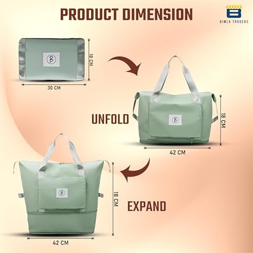 Btag Waterproof Foldable Travel Bag for Women | 41 Liters Capacity | Shoulder Bags | Hand Bag for Ladies Personal Items Expandable Travel Bag, Carry Weekender Luggage for Travelling (Green) - Image 3