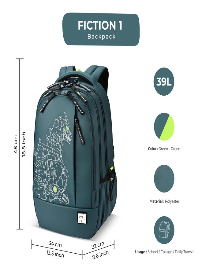 Gear Fiction 1 Backpack 19"/40L Large Water Resistant School Bag/Casual Backpack/Daypack/Kids Bag for Boys/Girls (Green-Green) - Image 2