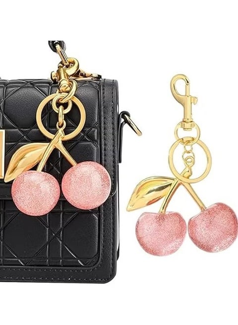 حقيبة كرز لامعة مع حلقة مفاتيح ومشبك، إكسسوار معدني من الراتنج اللامع للحقائب والمحافظ