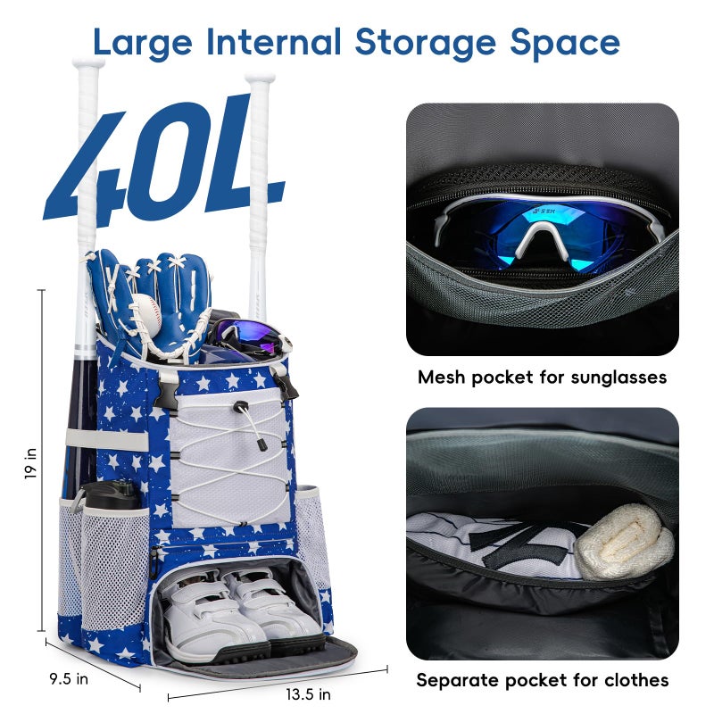 KAVIGOR Baseball Bag for Youth and Adult, Softball Backpack 40L Large Capacity, Bat Backpack with Shoes Compartment and Hidden Helmet Holder - Image 3