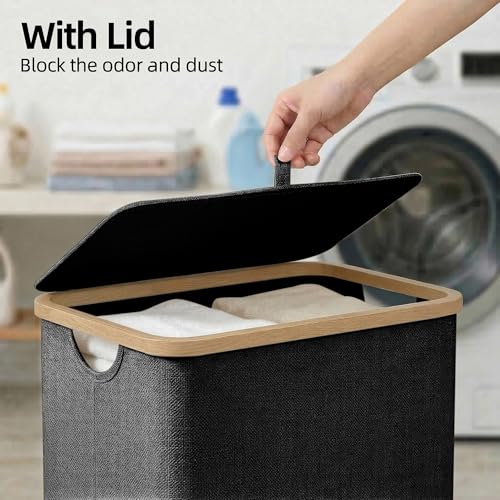 efluky Slim Laundry Basket with Lid Narrow Laundry Hamper with Removable Bag Skinny Dirty Clothes Basket with Bamboo Handles for Bathroom Bedroom Laundry Room 65L Black - Image 3