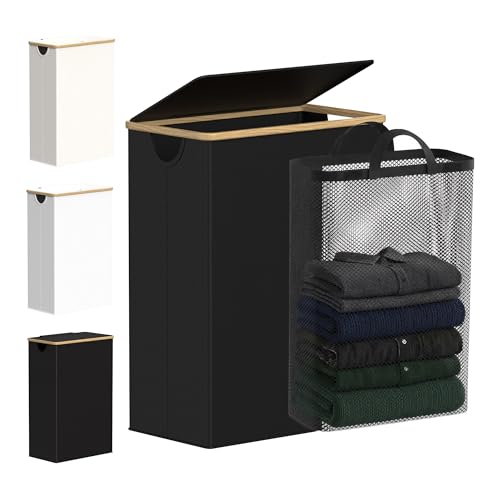 efluky Slim Laundry Basket with Lid Narrow Laundry Hamper with Removable Bag Skinny Dirty Clothes Basket with Bamboo Handles for Bathroom Bedroom Laundry Room 65L Black - Image 1