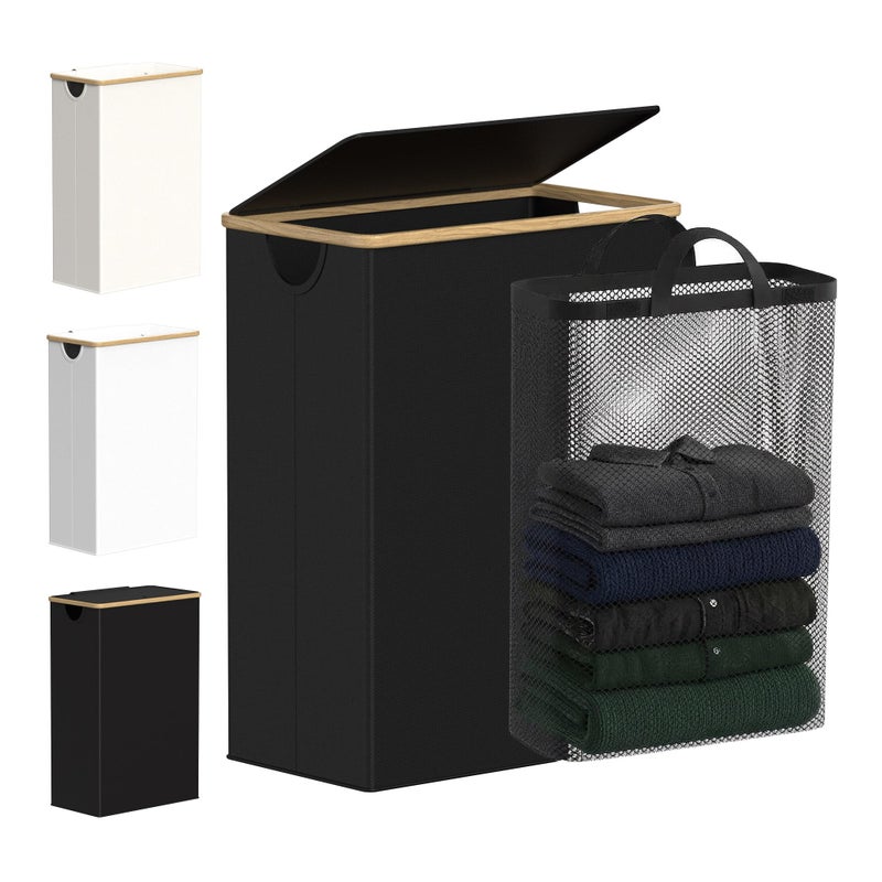 efluky Slim Laundry Basket with Lid Narrow Laundry Hamper with Removable Bag Skinny Dirty Clothes Basket with Bamboo Handles for Bathroom Bedroom Laundry Room 65L Black - Image 2