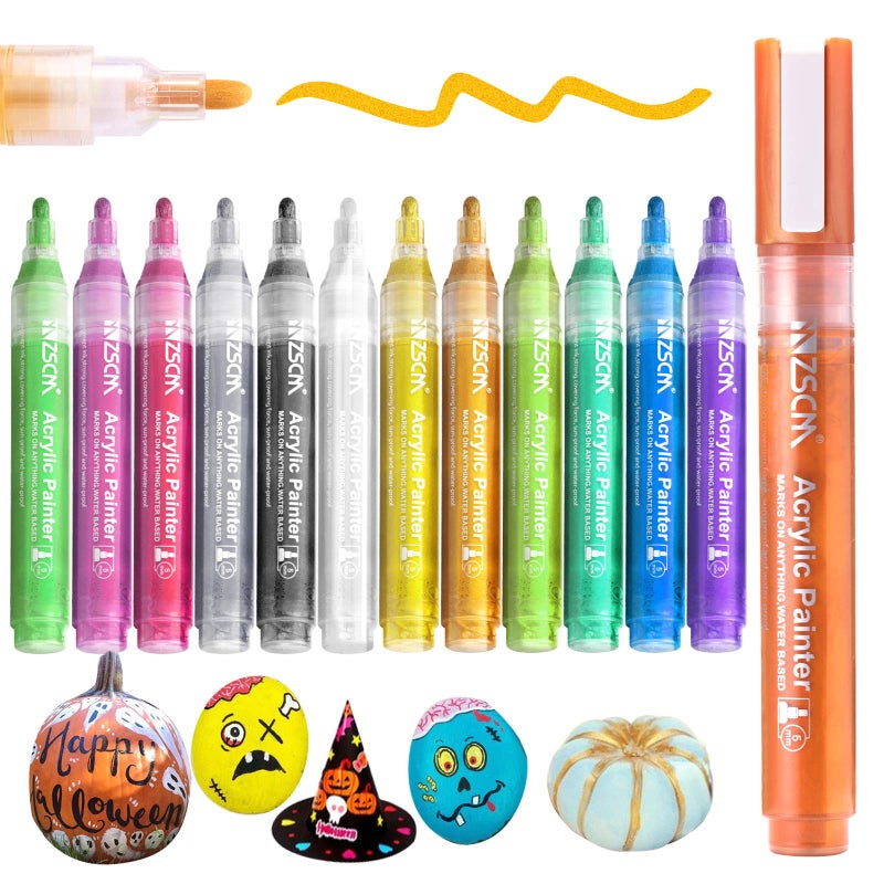 Paint Pens Acrylic Markers ZSCM 12 Colors Paint Markers for Halloween Pumpkin Painting Metallic Art Marker for Adults Card Making Rocks Painting Wood Slices Pumpkin Decoration