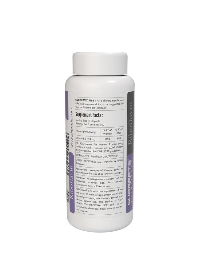 Sharrets Sharrets Vitamin B2 Riboflavin Supplement "For Vital Energy and Radiant Wellness" I 2 x 60 Capsules  - Image 3