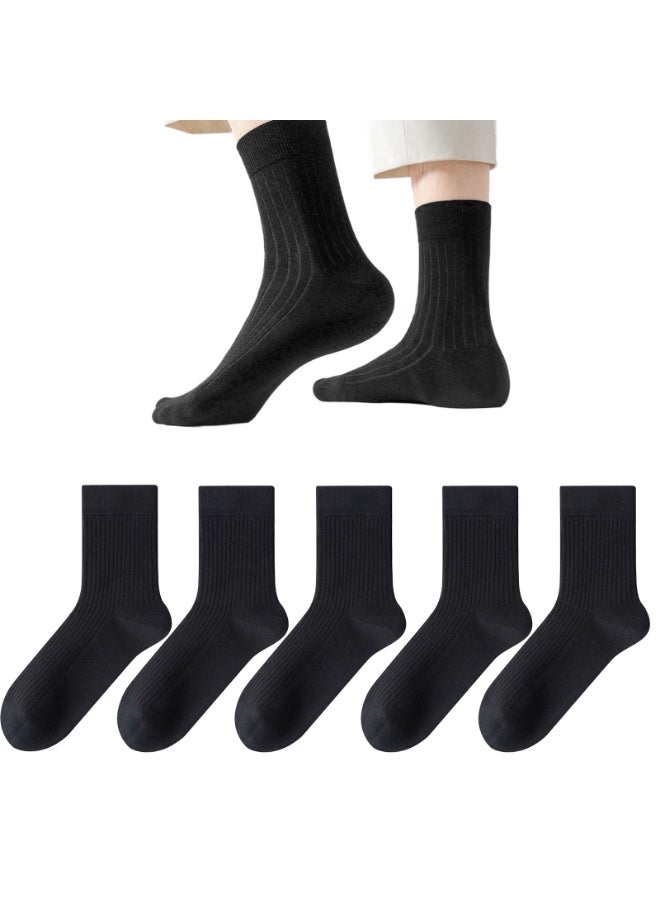 جوارب رجالية مخططة بطول نصف الساق لفصلي الخريف والشتاء، جوارب قطنية طويلة بلون موحد ومضادة للروائح الكريهة، 5 أزواج - Image 1