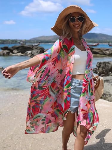 Moss Rose Beach Vacation Clothes for Women Pink Kimono Cover ups Swim Cover up Bohemian Swimsuit Wear - Image 2