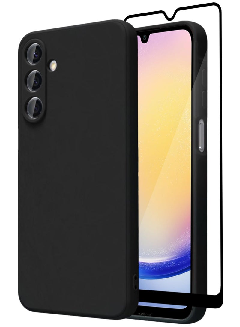 2Packs Liquid Silicone Case for Samsung Galaxy A25 Protective Phone Case with Soft Anti-Scratch Microfiber Lining Utra Slim Drop Protection Phone Cover with 3D Screen Protector - Black - Image 1