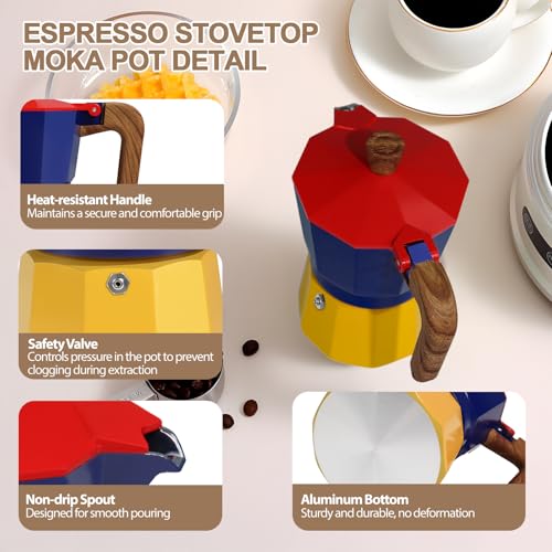 Mogrecha Aluminum 3 Cup 150ml Moka Pot Express Coffee Maker Stovetop Espresso Colorful Coffeemaker Italian Classic Style Brewing Greca Cafe Mocha Machine for Cafeteras Lover Camping Travel and Home Use 5oz - Image 4