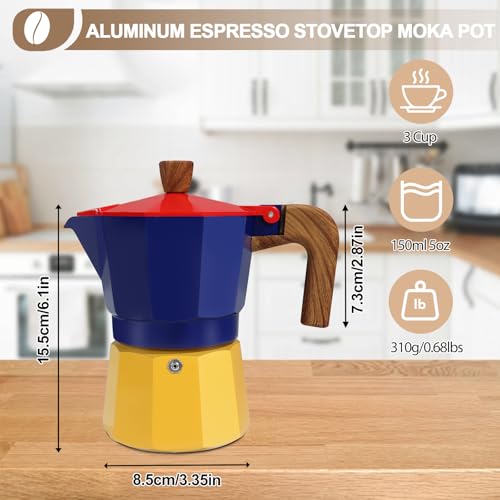 Mogrecha Aluminum 3 Cup 150ml Moka Pot Express Coffee Maker Stovetop Espresso Colorful Coffeemaker Italian Classic Style Brewing Greca Cafe Mocha Machine for Cafeteras Lover Camping Travel and Home Use 5oz - Image 2