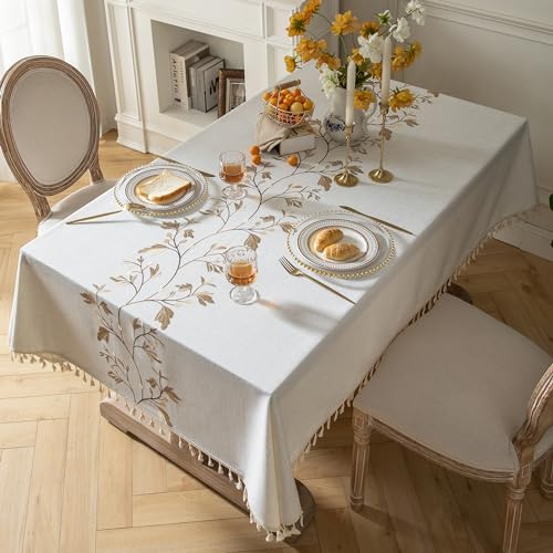 Oubonun Cotton Linen Rectangular Tablecloth - Wrinkle Resistant & Waterproof - Machine Washable Table Cloth with Tassels for Kitchen & Dining, 55''x86'', 6-8 Seats - Image 2
